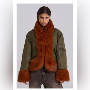 JADED LONDON Evren Faux Fur Bomber Jacket in Khaki SMALL